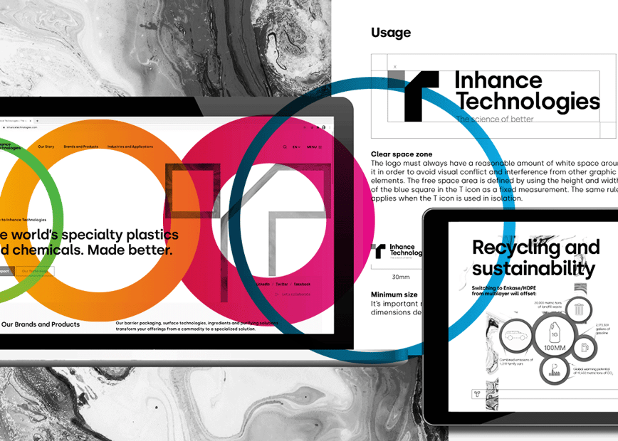 compilation of Inhance technologies brand marketing with fifth ring circles