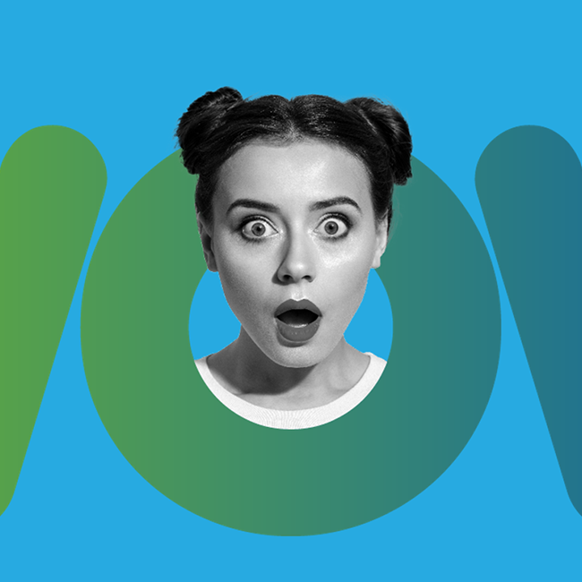 Covenir campaign - lady looking shocked in an O against blue background.